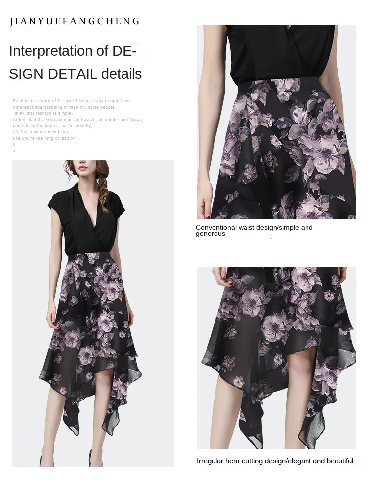 Fashion Women Summer Flowers Printing Black Chiffon Long Skirt High Waist A-Line Irregular Length Elegant Flowy Casual Skirts