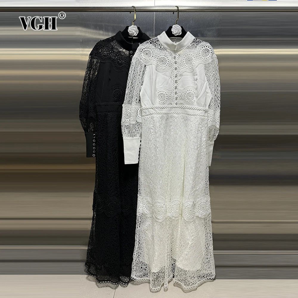 VGH Solid Hollow Out Lace Dresses For Women Stand Collar Lantern Sleeve High Waist Patchwork Button Elegant Dress Female Fashion