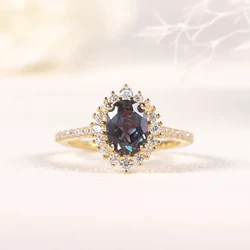 GEM'S BALLET Unique Oval Cut Alexandrite Birthstone Engagement Ring Gold 925 Sterling Silver Cluster Halo Bridal Ring for Women