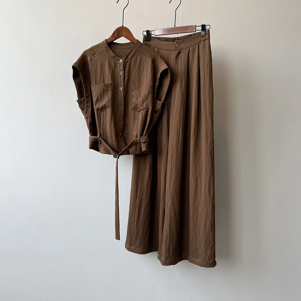 

SuperAen модная короткая рубашка без рукавов с круглым вырезом для женщин, повседневные широкие брюки в корейском стиле, летние комплекты из двух предметов