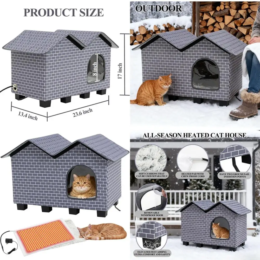

Insulated Outdoor Cat Shelter with Heated Pad, Weatherproof Elevated House for Cats (Grey, Large)