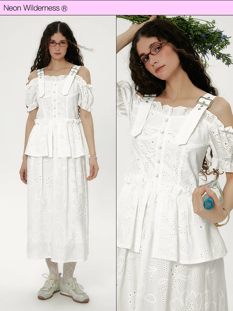 

Neon Wildern Heavyweight White One-oulder Dr with Floral Print And Hollow out Strap Long Skirt Cotton ort Sve Wo...