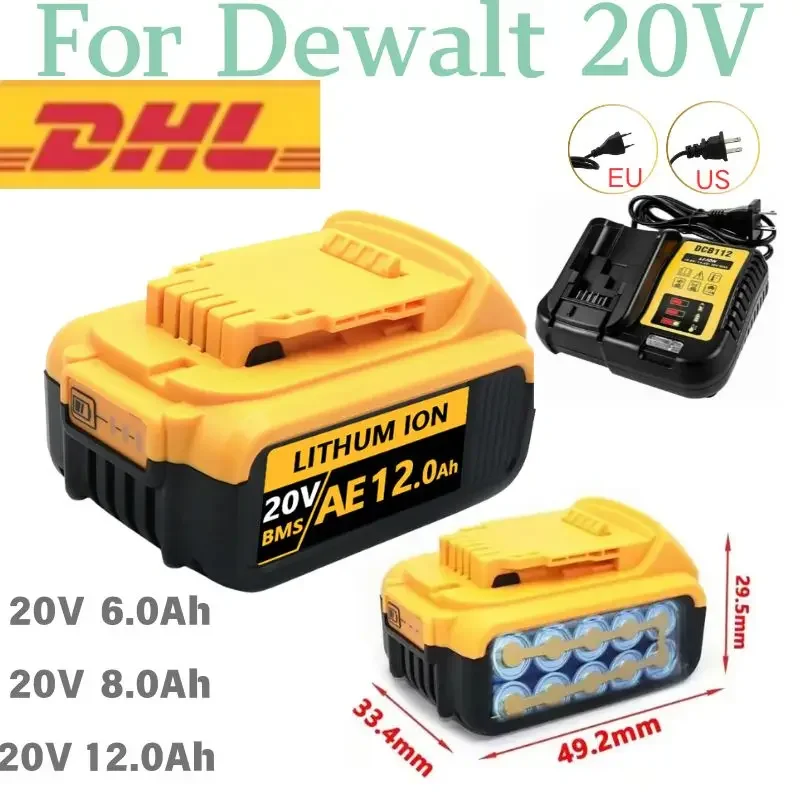 20V 18V DCB200 8.0Ah Replacement Li-ion Battery for DeWalt DCB205 DCB201 DCB203 Power Tool Battery 20 Volt MAX With Charger