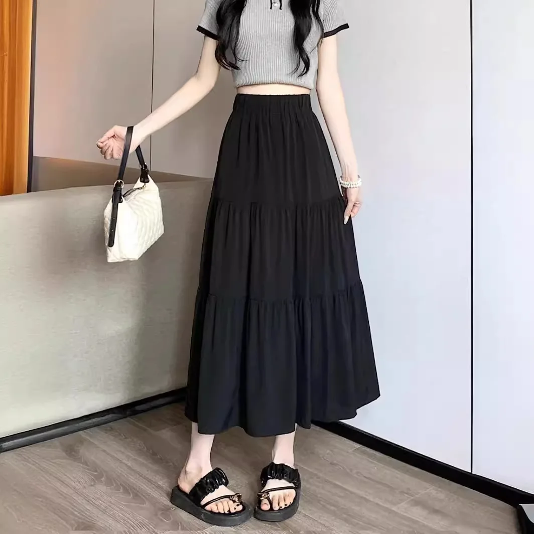 

Spring Summer Women Skirts Vintage High Waist Elastic Patchwork White Black Chic Long Cake A-line Skirt