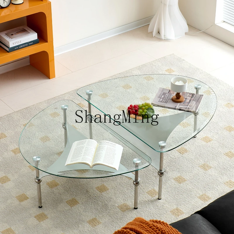 

DHY antique coffee table combination tempered glass living room small apartment stainless steel coffee table