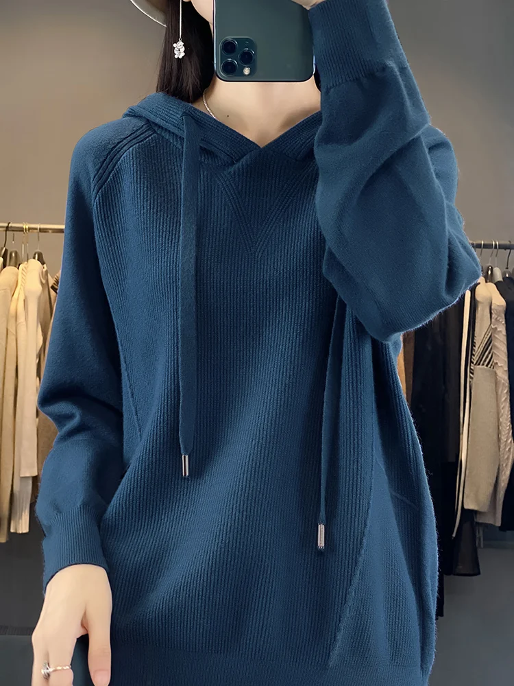 2024 Spring and Autumn Simple Fashion Knitted Hoodie Loose Casual Solid Color Versatile Knitted Women\'s Knitted Hoodie