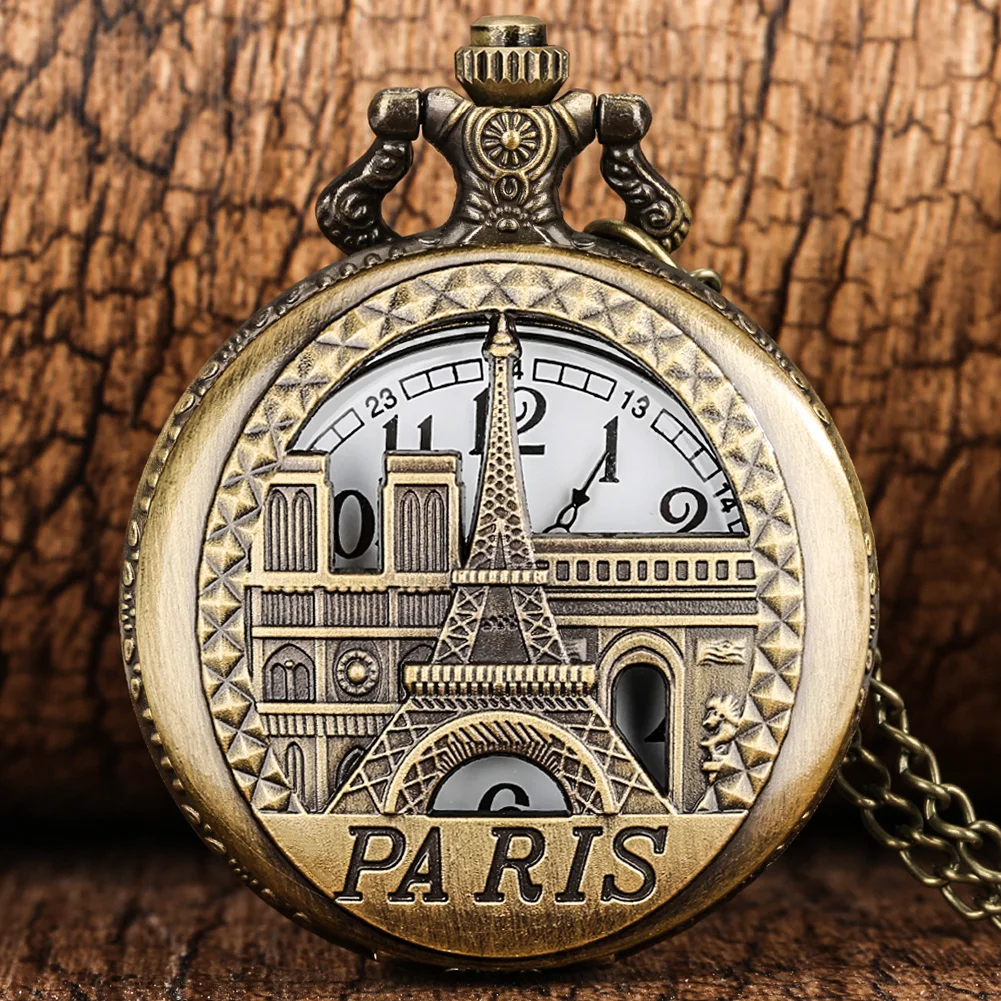 Louvre Eiffel Tower Quartz Pocket Watch Antik Hollow Retro Steampunk Pendant Fob Watch Kalung Jam Rantai Koleksi Hadiah