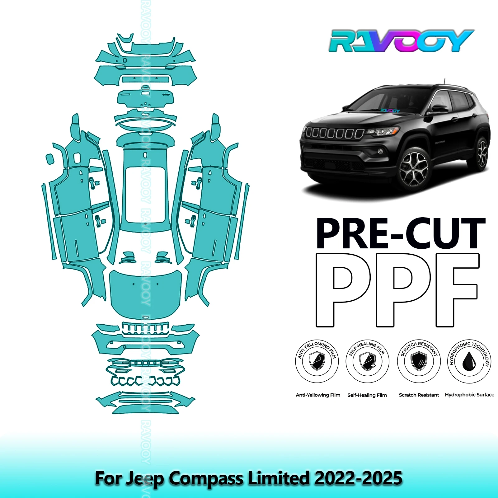 RAVOOY 8.5Mil Custom-Fit Precut TPU PPF Full Vehicle Clear Bra Stone Guard EU UK For Jeep Compass Limited 2022-2026