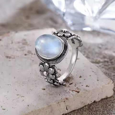 Vintage 925 Sterling Silver Moonstone Ring with 8*10MM Natural Stone Small Flower Shape Retro Rings Fine Jewelry For Women