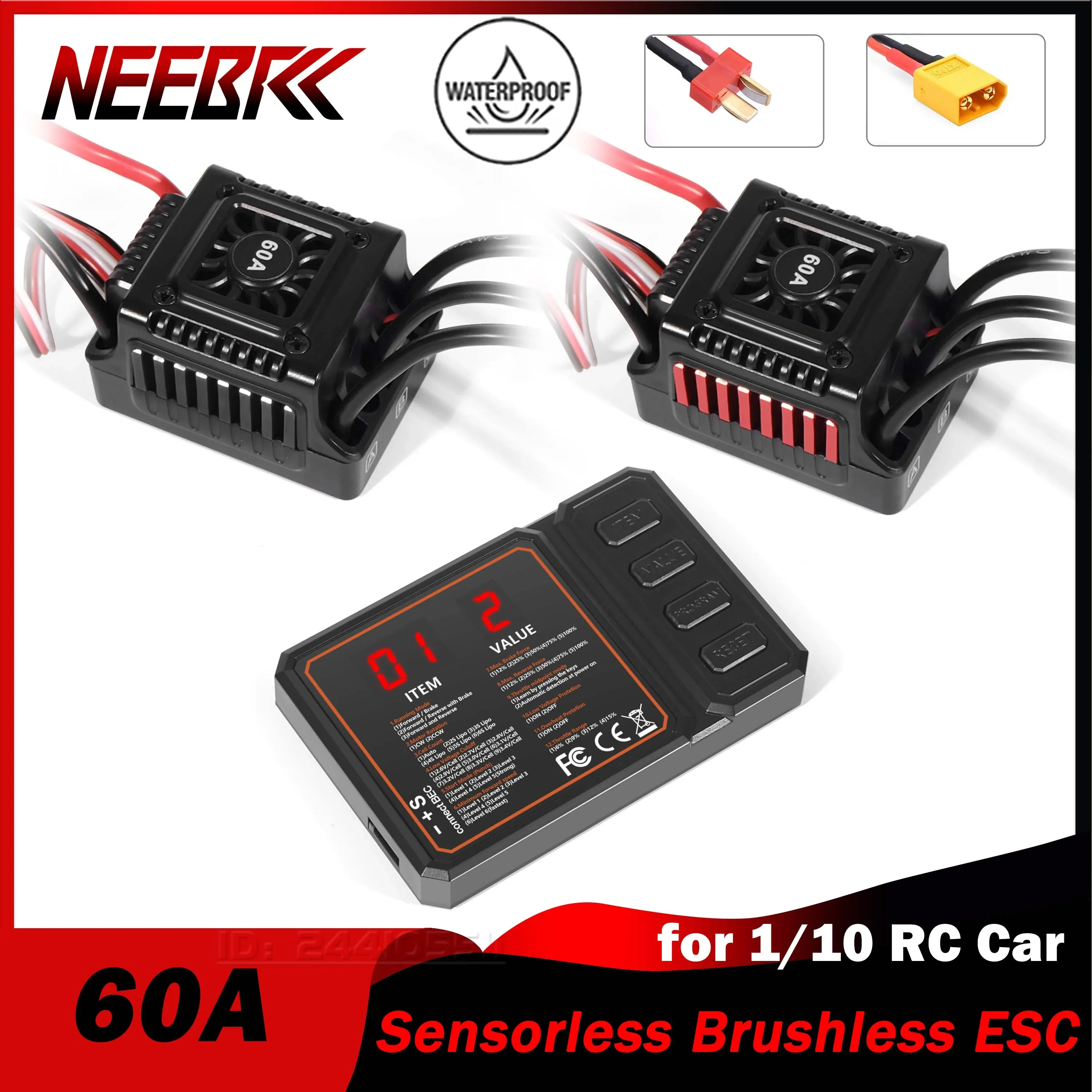 

NEEBRC 60A Waterproof Sensorless Brushless ESC BEC T/XT60 2-3S for 1/10 RC Off-road Car Crawler Monster Buggy Truck On-road Part