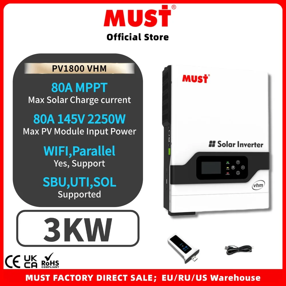 MUST PV1800 VHM 24V 3KW Off Grid Hybrid Solar Inverter With Built-in PV 145VDC 80A MPPT Controller Wi-Fi