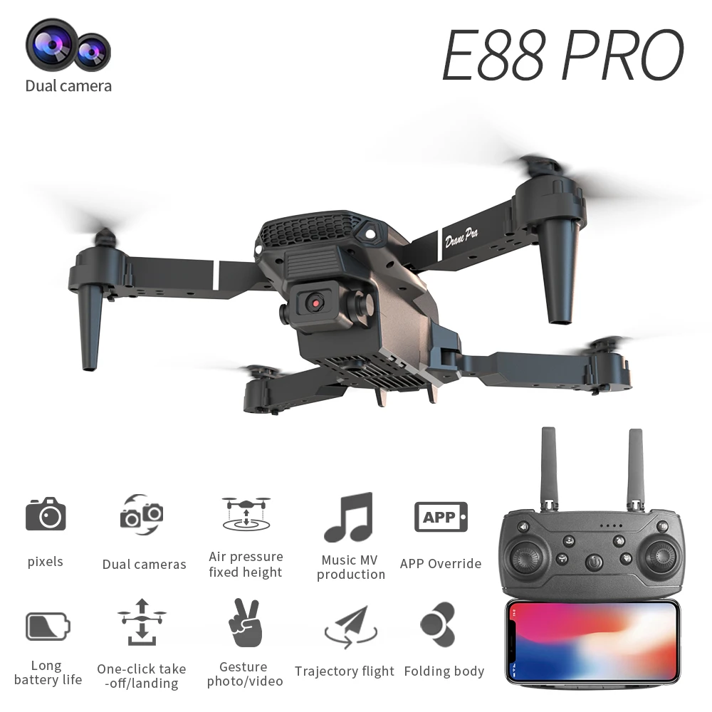 E88Pro 4K WIFI FPV Professional Grade RC Drone Foldable Helicopter 1080P Wide Angle HD Dual Camera Height Hold Gift Toy