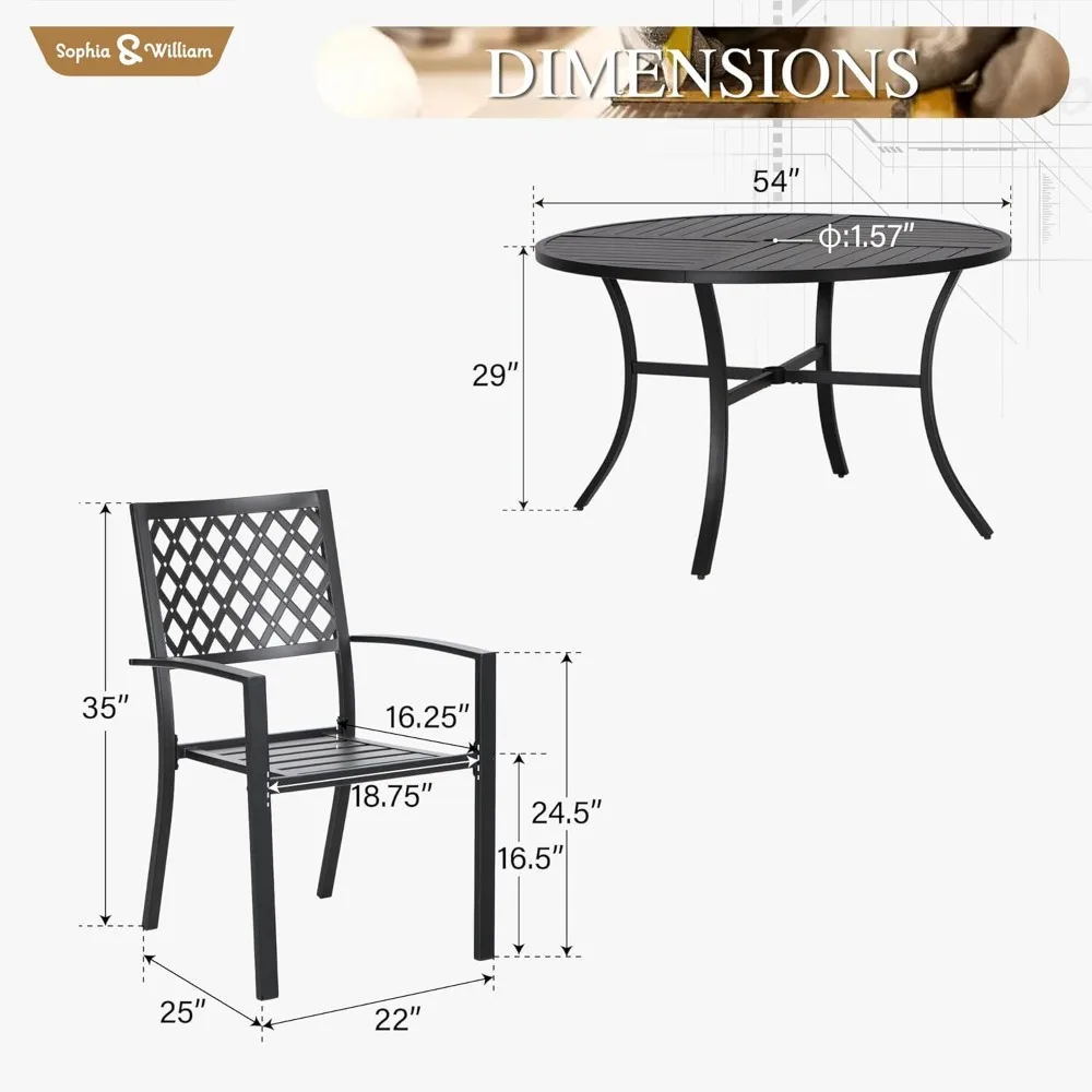 طقم طاولة وكراسي مستديرة للفناء، طقم طعام خارجي لـ 6 قطع أثاث فناء معدني، طاولة سوداء مقاس 54 بوصة