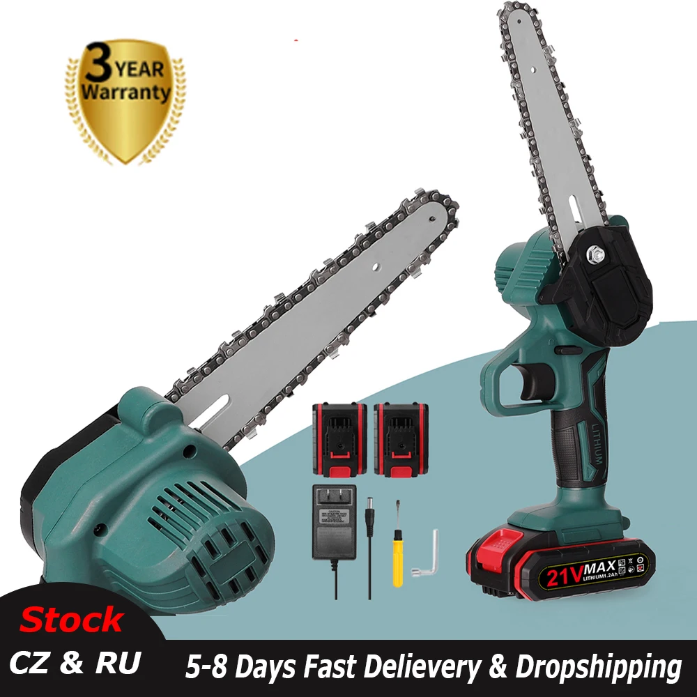 21V Electric Chainsaw Two Battery Portable Pruning Chain Saw Small Wood Spliting One-handed Woodworking Garden Mini Power Tools