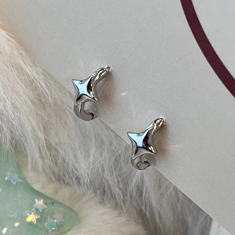 New Trendy Four-pointed Star Hoop Earrings For Women Simple Asymmetric Silver Color Earring Aesthetic Jewelry Gifts