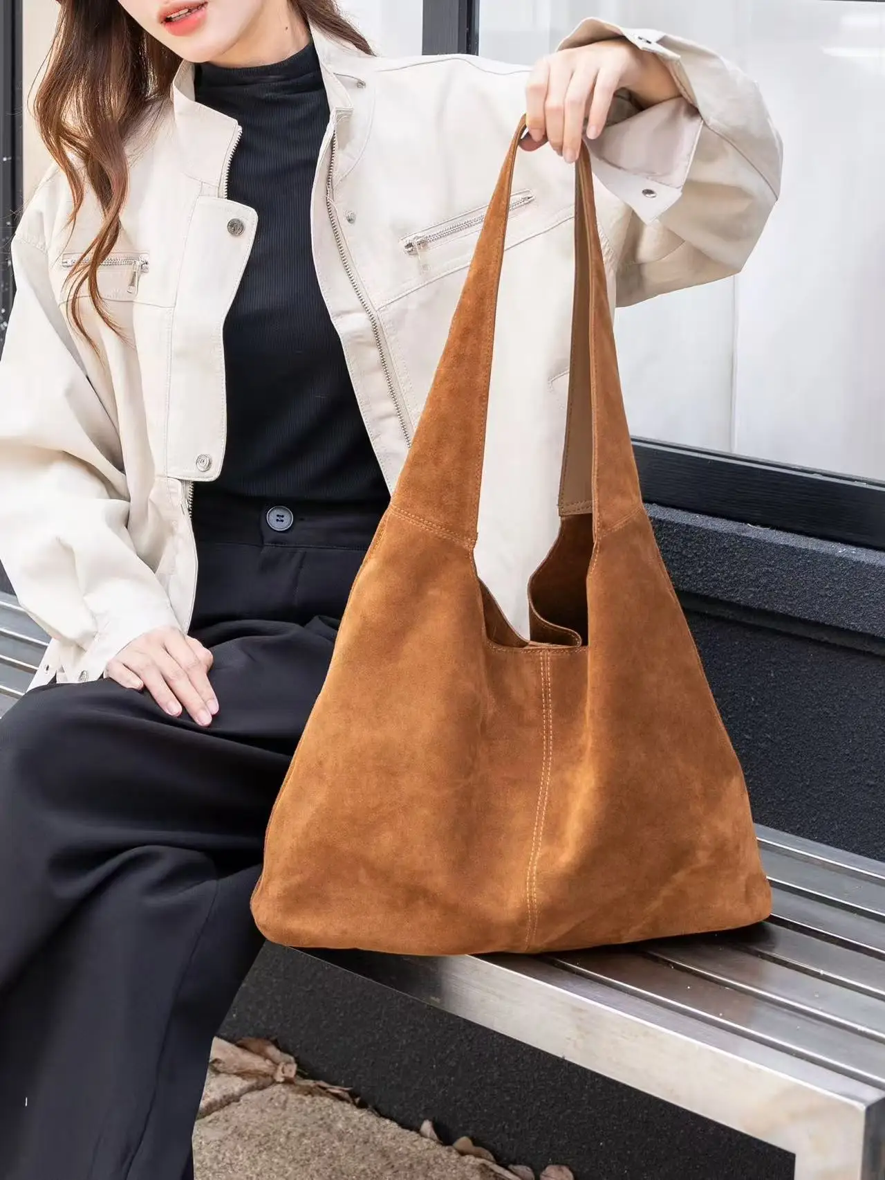 Women's Deer Skin Suede Tote Bag Cowhide Autumn Winter Casual Commuting Shoulder Bag Feng Shui Bucket Style