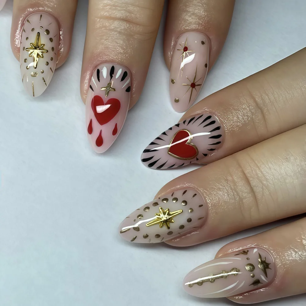 Unhas falsas 3d para o dia dos namorados, vermelho, preto, coração, dourado, prateado, dourado, moldura dourada, estrela, cobertura completa, pontas de amêndoa, imprensa em unhas falsas