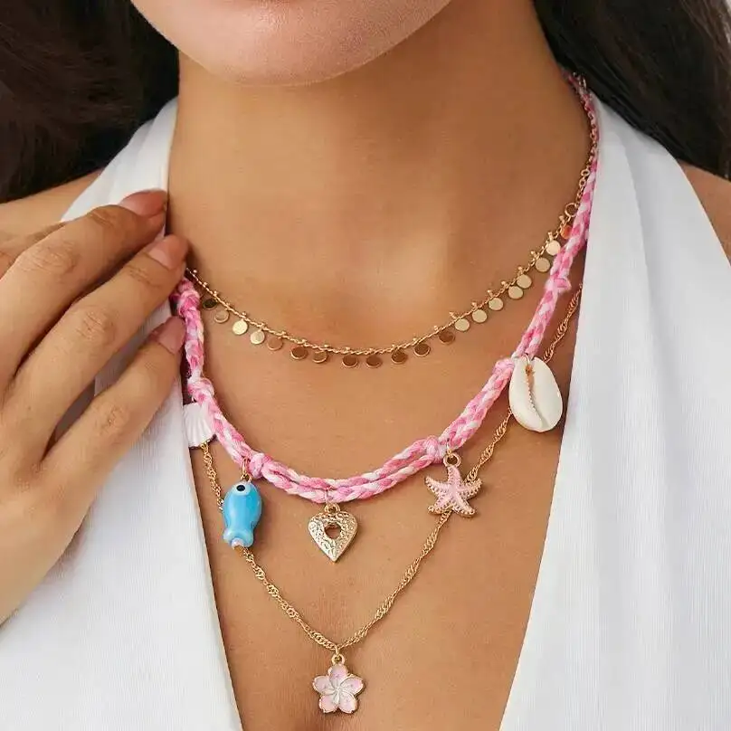 

SHIXIN 3 Pcs/Set Y2K Boho Starfish Flower Love Heart Pendant Necklace Women Ocean Style Pink Braided Rope Choker Clavicle Chain