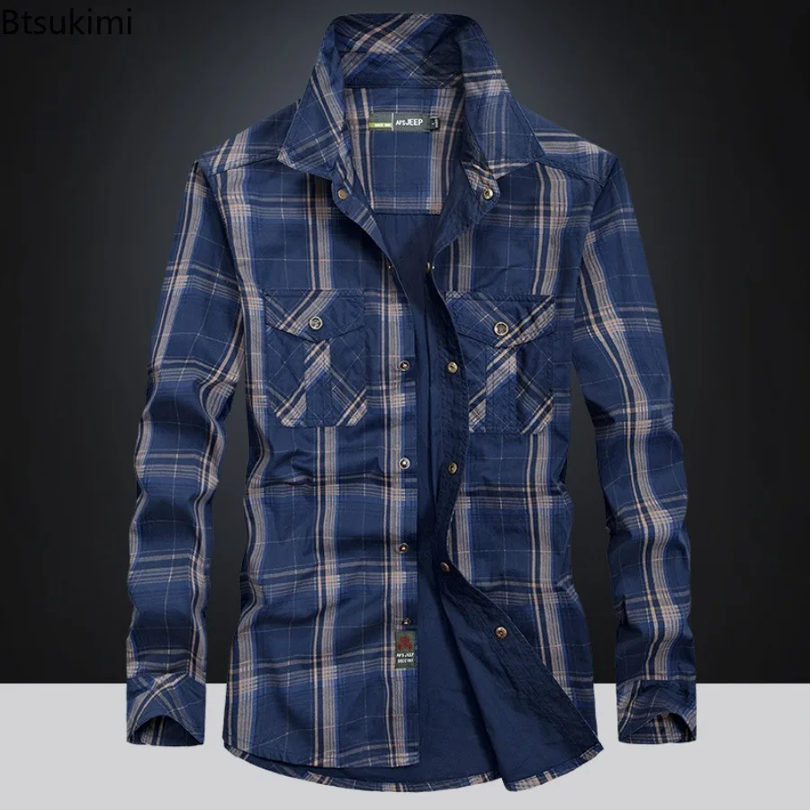 Spring Autumn Men's Cotton Long Sleeve Cargo Shirts Vintage Plaid Loose Casual Shirt Jacket Men Outdoor Tactical Work Shirts 5XL