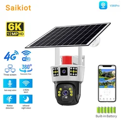 Saikiot 3 스크린 듀얼 렌즈 V380 프로 12MP 6K PTZ 4G SIM 카드, 태양열 CCTV 보안 카메라, 방수 태양열 PTZ 카메라 와이파이