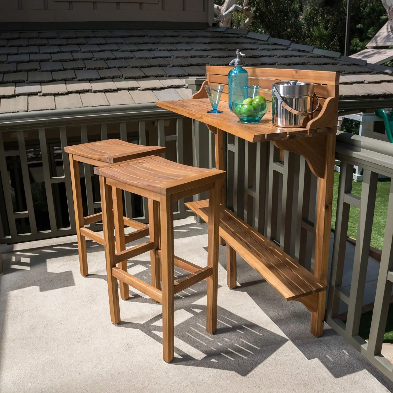 Caribbean Outdoor Acacia Wood Balcony Bar Set, 3-Pcs Set, Natural Stained Light Brown