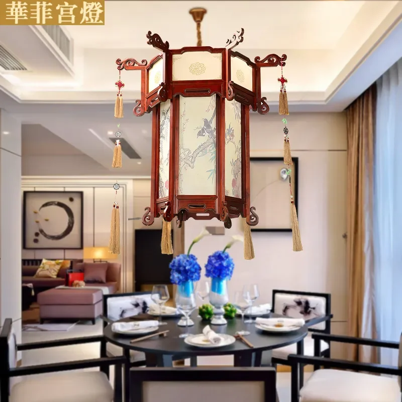 Chinese Retro Solid Wood Hexagonal Chandelier Sheepskin Palace Lamp for Hotel Temple Corridor Decoration Vintage Hanging