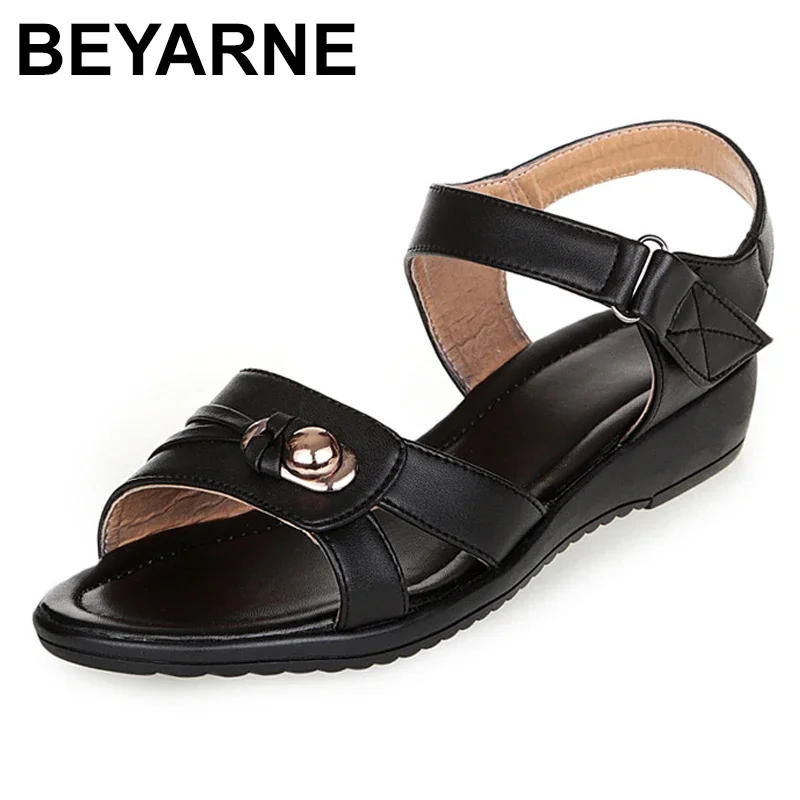 BEYARNEBig size 40-43 summer shoes new middle-aged sandals genuine leather flat shoes women female sandals