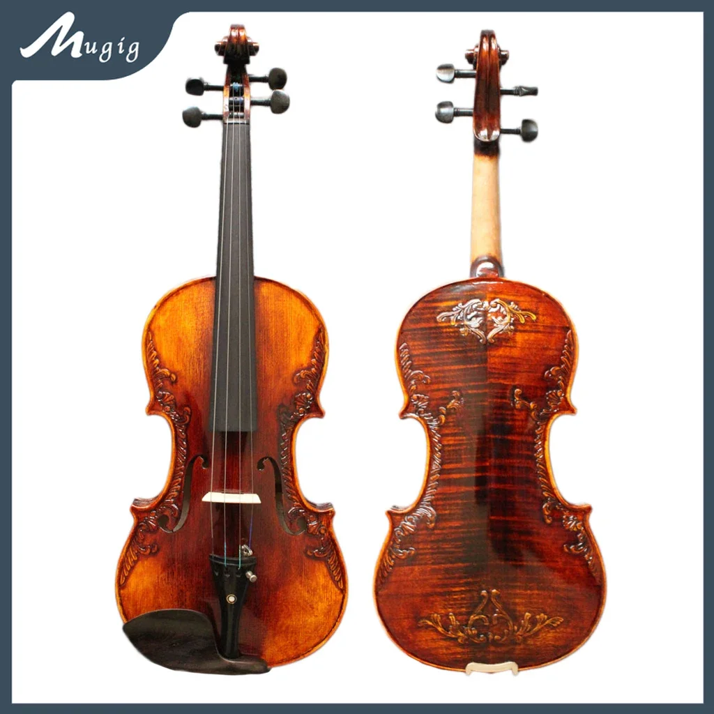 Full Size Violin Carved Pattern Strad Style Fiddle Handmade Craft Baroque 4/4 Violin W/ Bow Bridge Strings Case Rich Tone SET