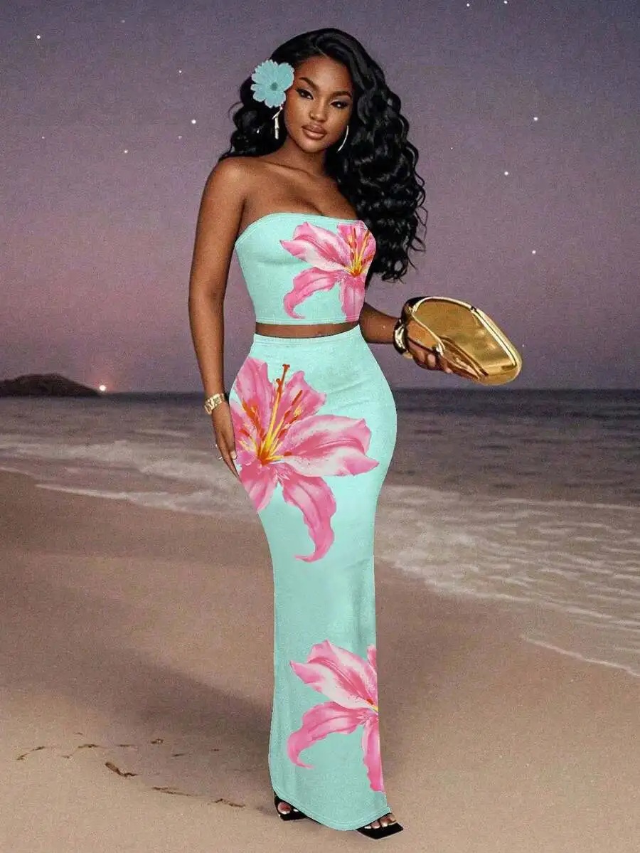 

Mint Green Floral Print Strapless Crop Top And Maxi Skirt Set Women Summer Bohemian Resort Wear