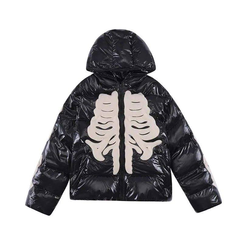 Men's Puffer Jackets With Devil-horn Hood, Halloween Embroidery Skeleton Mans Coats, Hiphop  Winter Parkas For Woman