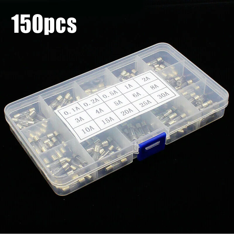 150pcs Glass Tube Fuses 250V 5x20mm Assorted Equipment Kit Quick Blow With Plastic Box 0.1A-30A Industrial New