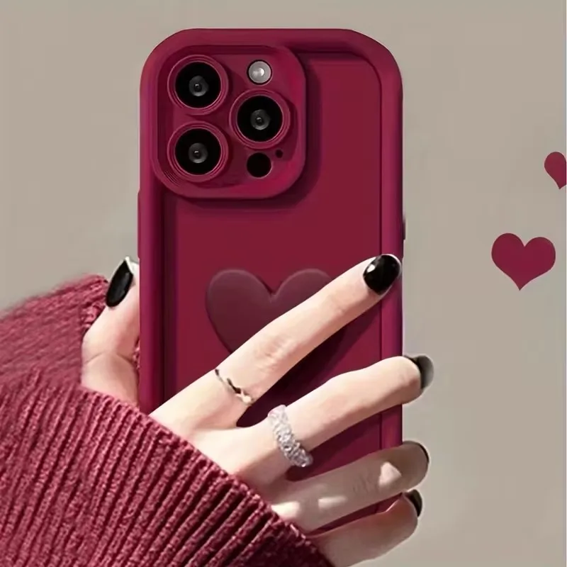 

Wine Red 3D Heart Phone Case for iPhone 17 Pro Max Air 16E 11 12 13 Mini 14 15 16 Pro Max XS XR 7 8 Plus SE2 Soft Silicone Cover