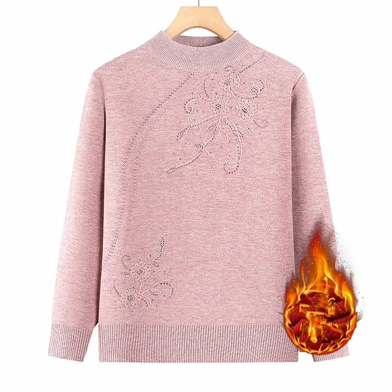 Half Turtleneck Warm Women's Sweater Hot Fleece Velvet Winter Clothes Woman Pullovers Middle Aged Mother Knitwear Basic Jumper