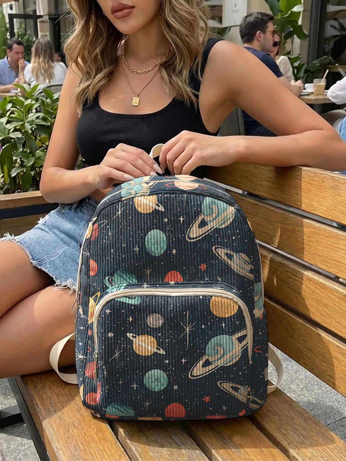 Planet Star Space Allover Print Kids Backpack Dark Blue Corduroy Multi-pocket Large Capacity School Travel Bag view 3