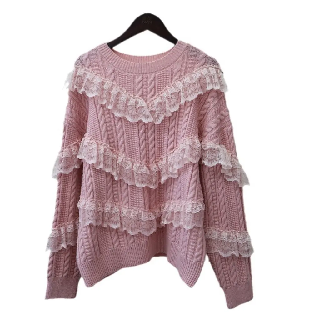 

Women's Crewneck Knitted Sweater Top Mesh Design Sense Pullover Sweet Korean Style Loose Fit for Autumn
