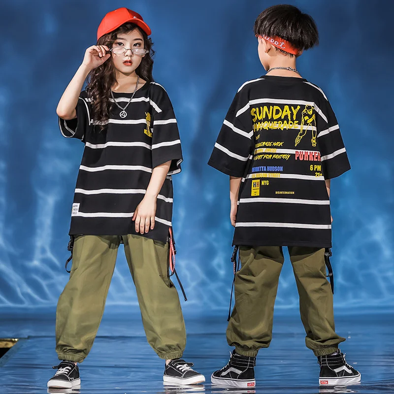 

Hip hop Suit Girls Summer stripe short sleeve Korean handsome loose clothes men handsome jazz dance catwalk