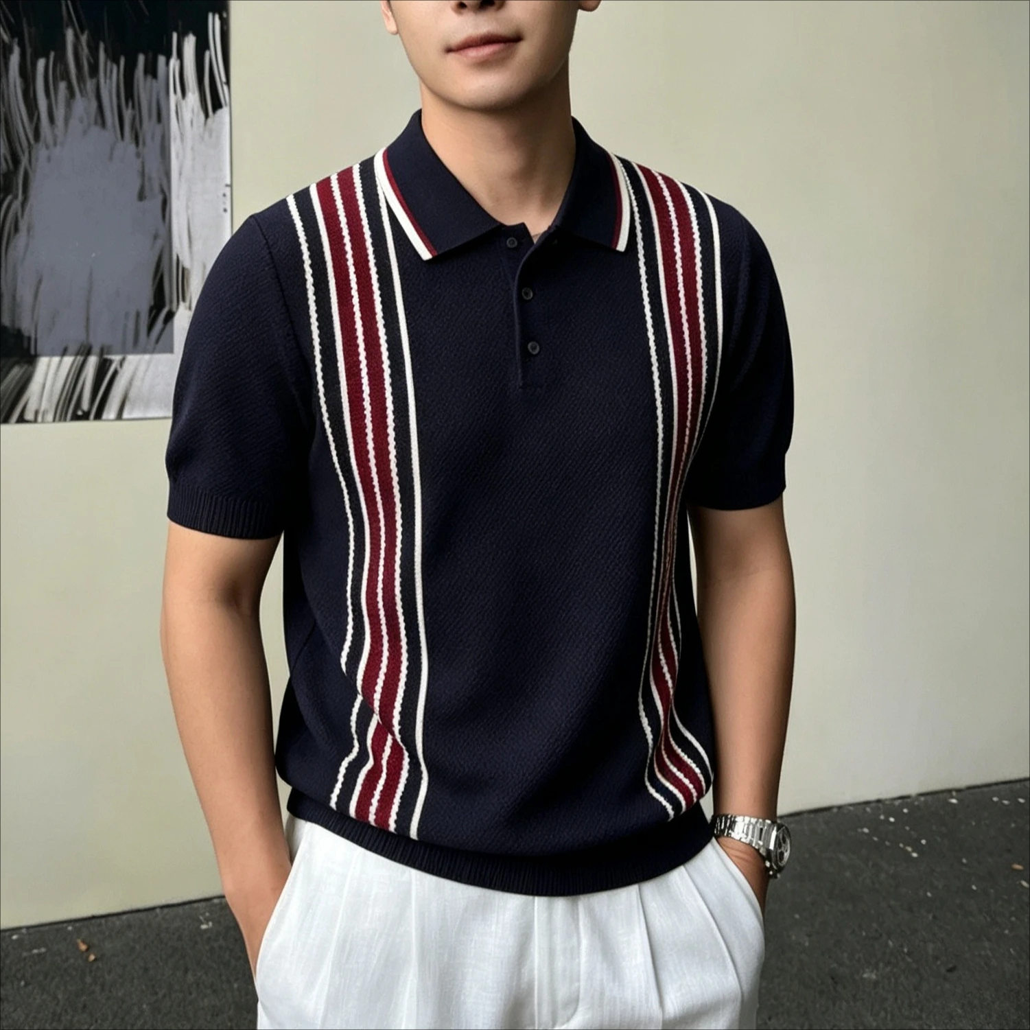 Summer Striped Knitted Polo Shirts Men Ice Silk Breathable Short Sleeved Casual Lapel T-shirt Business Social Office Polo Shirt