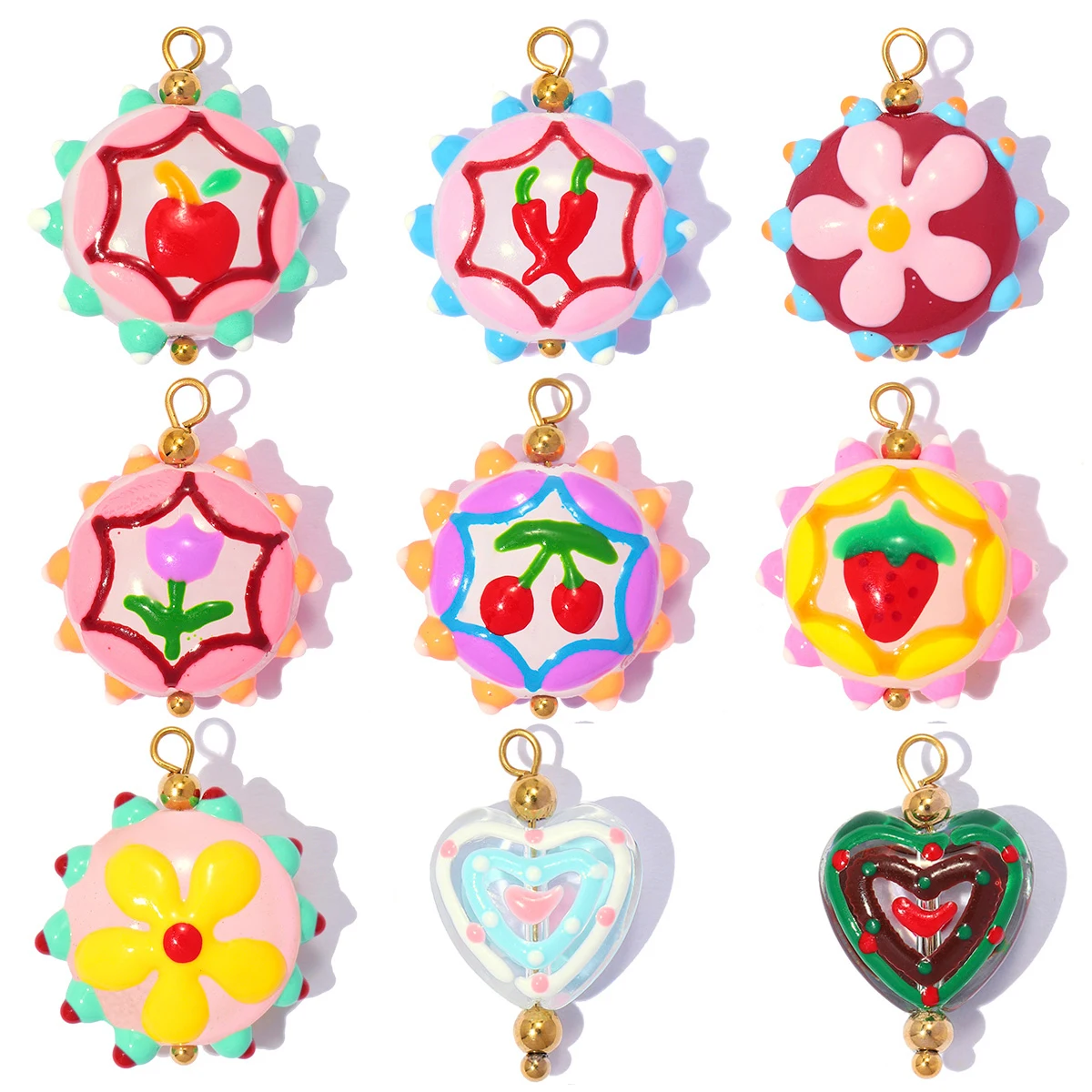 Lot de 3 pendentifs en verre soufflé en acier inoxydable, motif cœur et fleur, pour la fabrication de bijoux DIY pour femmes, vente en gros