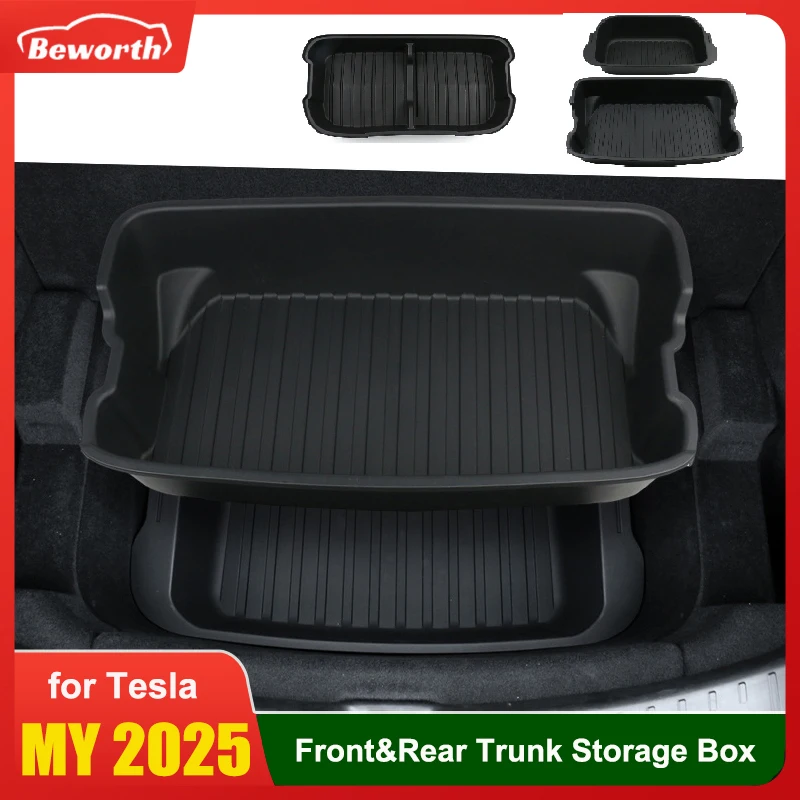 For New Tesla Model Y Juniper 2025 Launch Organizer Box Rear Trunk Double-deck Storage Box Front Cargo Dustproof Luggage Tray