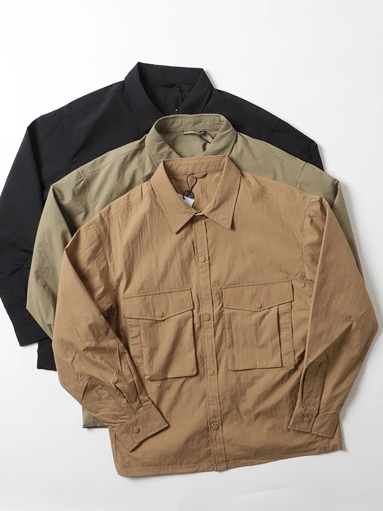 

Функциональная рабочая одежда: мужская весенняя повседневная куртка-рубашка для активного отдыха, свободного кроя, с воротником-стойкой, длинным рукавом, однотонная