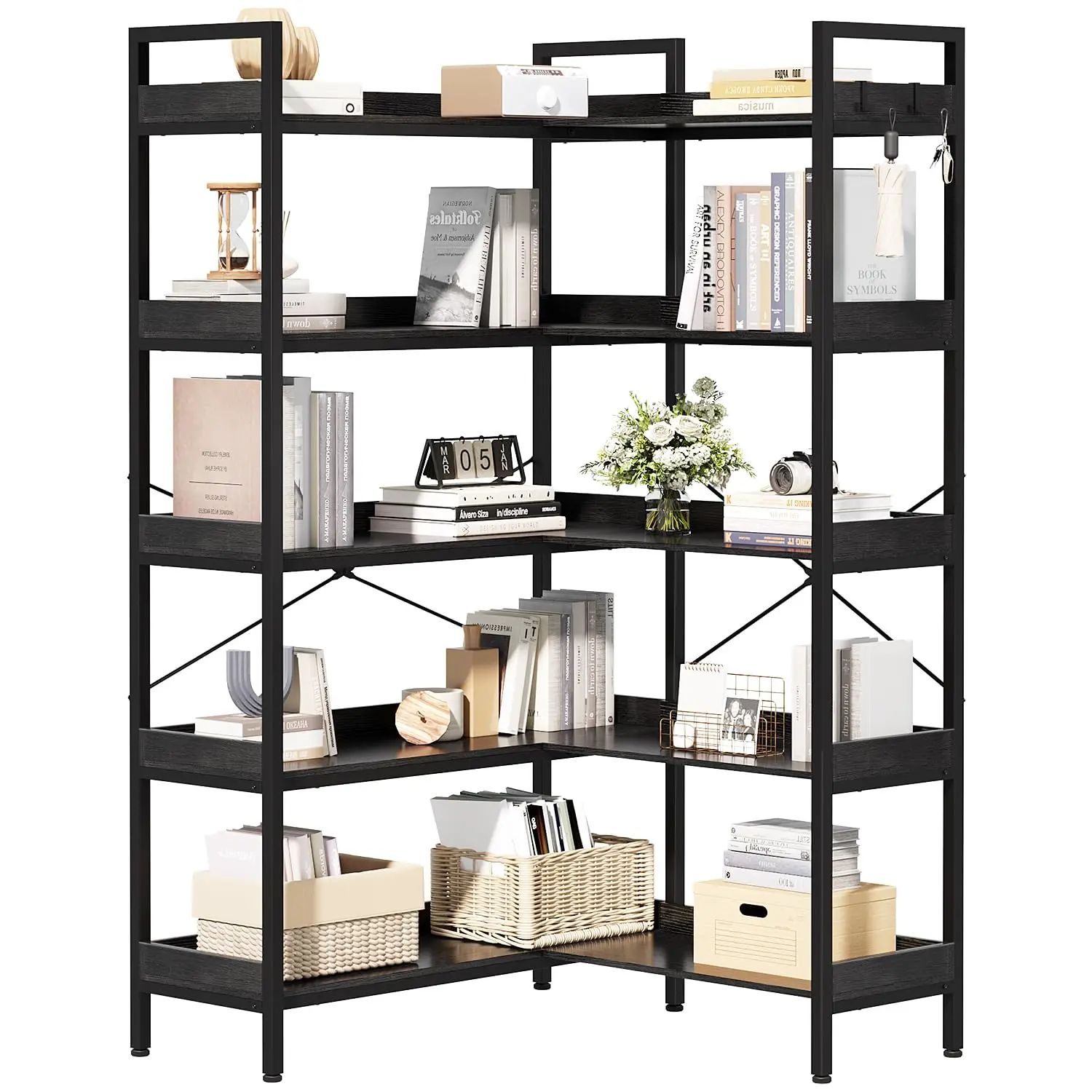 L Shaped Corner Bookshelf 5 Tier 65 Inch Storage Display Office Home, Customized