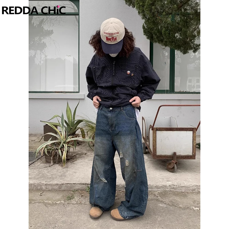 

ReddaChic 90s Inverted Wide Leg Denim Pants Men High Rise Destroyed Dirty Wash Skater Oversize Baggy Jeans Grunge Y2k Streetwear