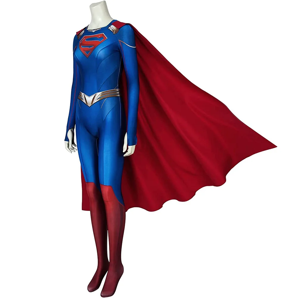 Anime Supergirl Season 5 Costume Kara ZorEl Danvers Cosplay Superwoman Jumpsuit Halloween Costumes For Womloak Blue Bodysuit