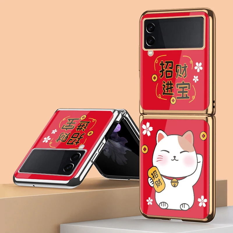 Z Flip 4 Funda Case for Samsung Galaxy Z Flip 4 3 2 1 Fortune Lovely Lucky Cat Plating Tempered Glass Phone Case Cover