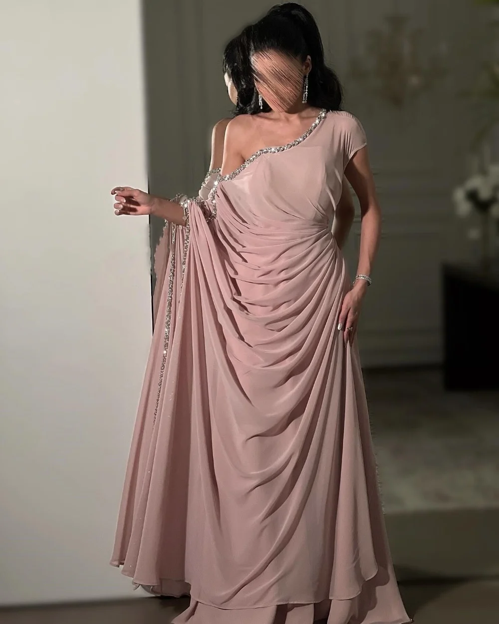 

Customized Sexy Fashion Chiffon Pleat Rhinestone A-line One-shoulder Long Dresses Bespoke Occasion Dresses High Quality Classic