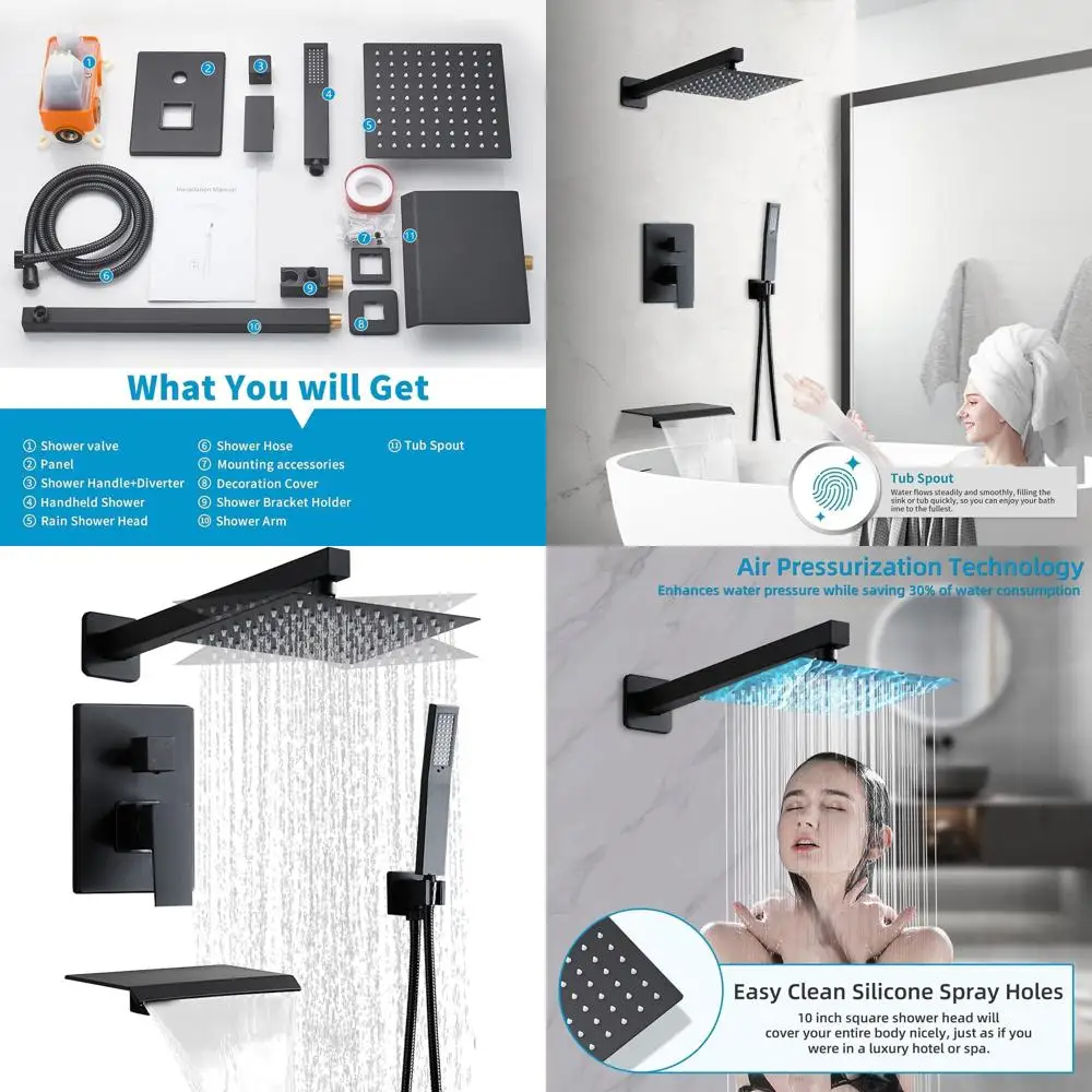 

10 Inch Matte Black Shower Set with Tub Spout, Rain Shower & Handheld Combo, Square Wall Mount