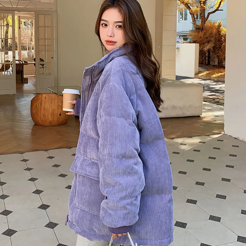 Winter Women Loose Corduroy Down Cotton Jacket Korean Elegant Fashion Simplicity Thicken Bread Coat 2023 Lady Casual Warm Parkas