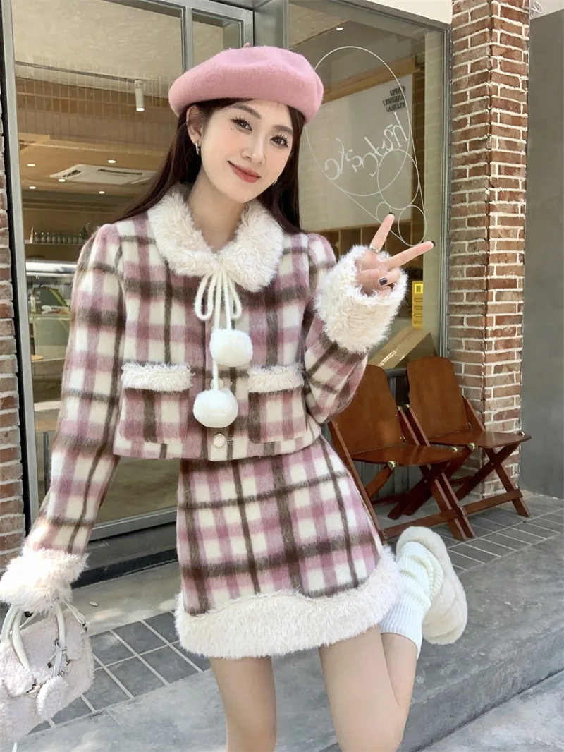 

Sweet and Cool Gentle Plaid Slim Temperament Woolen Short Coat 2023 Winter New Spliced Half Skirt Two Piece Set Female Clothing