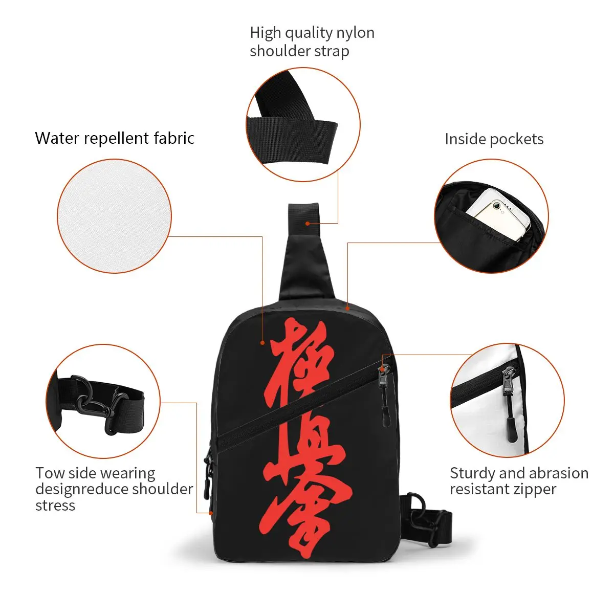 Benutzerdefinierte Kyokushi Karate Sling Taschen Männer Mode Kampfkunst Schulter Umhängetasche Brust Rucksack Radfahren Camping Daypack