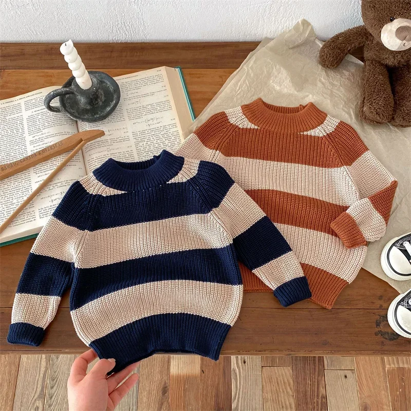 

Boys Woolen Sweater Crochet Cotton Windbreak 2024 Brown Plus Thicken Autumn Winter Pullover Warm Children's Clothing